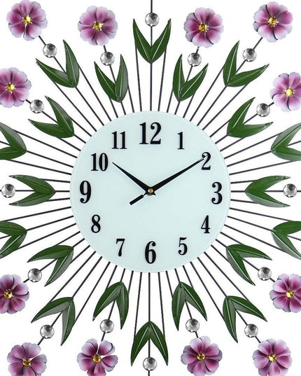 27" Purple Green And White Metal and Glass Silent Analog Floral Round Wall Clock