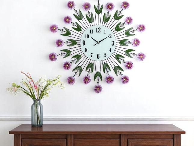 27" Purple Green And White Metal and Glass Silent Analog Floral Round Wall Clock