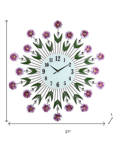 27" Purple Green And White Metal and Glass Silent Analog Floral Round Wall Clock