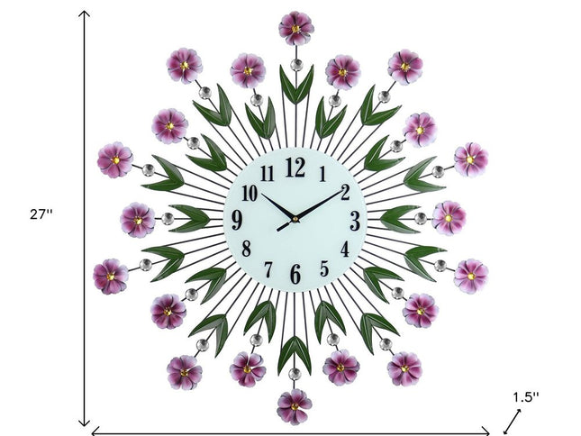 27" Purple Green And White Metal and Glass Silent Analog Floral Round Wall Clock