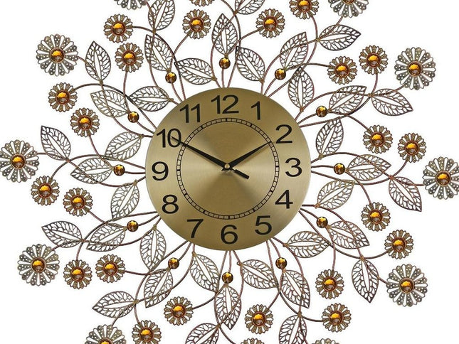 27" Gold And Black Metal And Faux Crystal Silent Analog FloralWall Clock