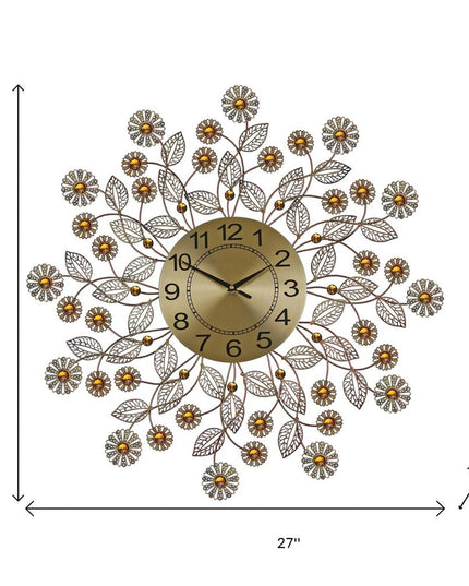 27" Gold And Black Metal And Faux Crystal Silent Analog FloralWall Clock