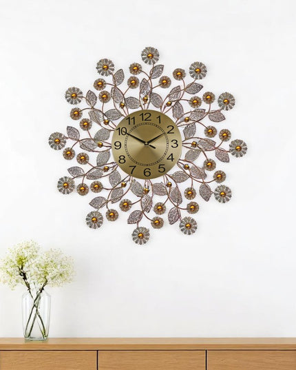 27" Gold And Black Metal And Faux Crystal Silent Analog FloralWall Clock