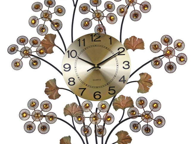 22" Copper Metal And Faux Crystal Silent Analog Gingko Floral Wall Clock