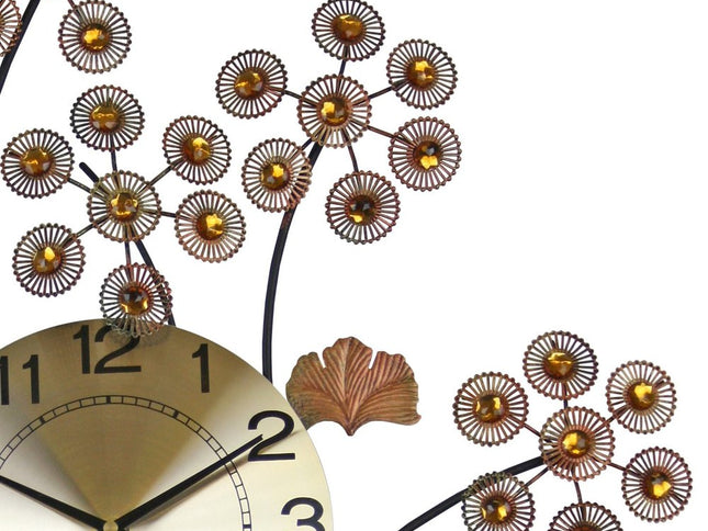 22" Copper Metal And Faux Crystal Silent Analog Gingko Floral Wall Clock