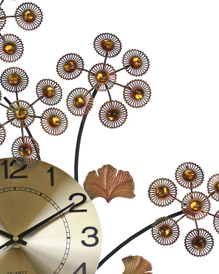 22" Copper Metal And Faux Crystal Silent Analog Gingko Floral Wall Clock