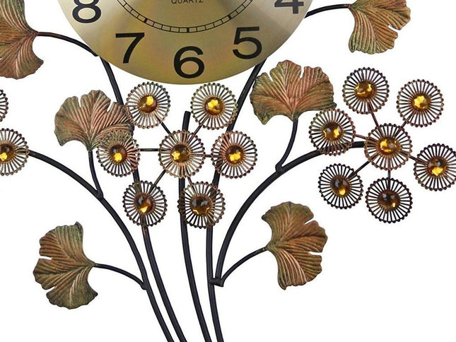 22" Copper Metal And Faux Crystal Silent Analog Gingko Floral Wall Clock