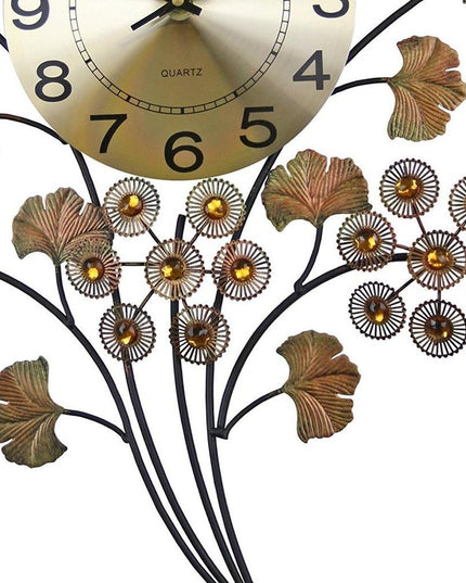22" Copper Metal And Faux Crystal Silent Analog Gingko Floral Wall Clock