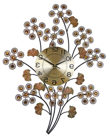 22" Copper Metal And Faux Crystal Silent Analog Gingko Floral Wall Clock
