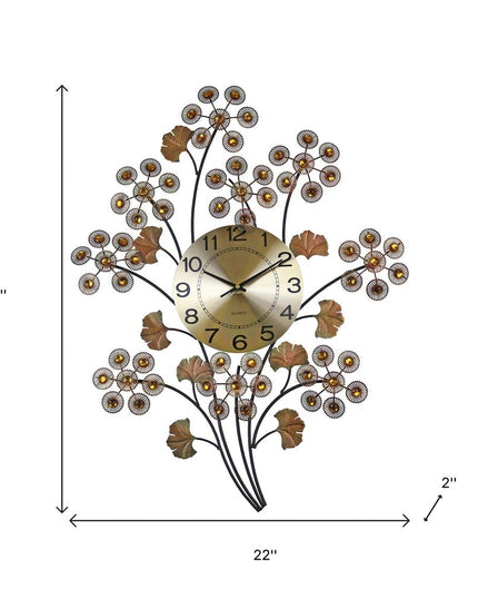 22" Copper Metal And Faux Crystal Silent Analog Gingko Floral Wall Clock