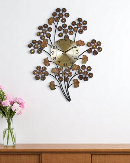 22" Copper Metal And Faux Crystal Silent Analog Gingko Floral Wall Clock