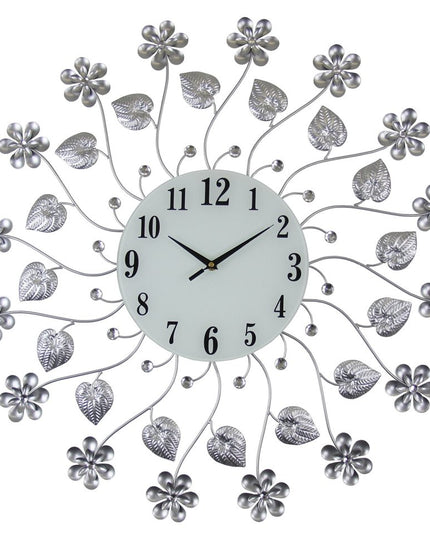 27" Silver White And Black Metal and Glass Silent Analog Floral Round Wall Clock