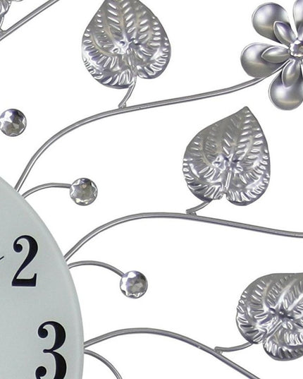27" Silver White And Black Metal and Glass Silent Analog Floral Round Wall Clock