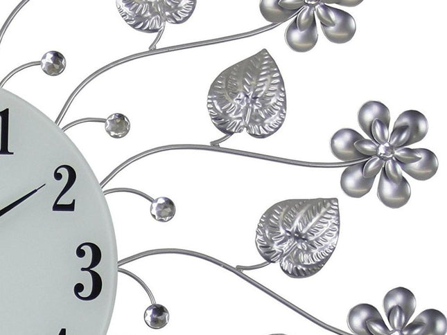 27" Silver White And Black Metal and Glass Silent Analog Floral Round Wall Clock