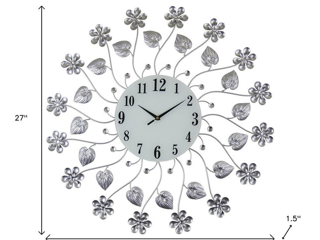 27" Silver White And Black Metal and Glass Silent Analog Floral Round Wall Clock