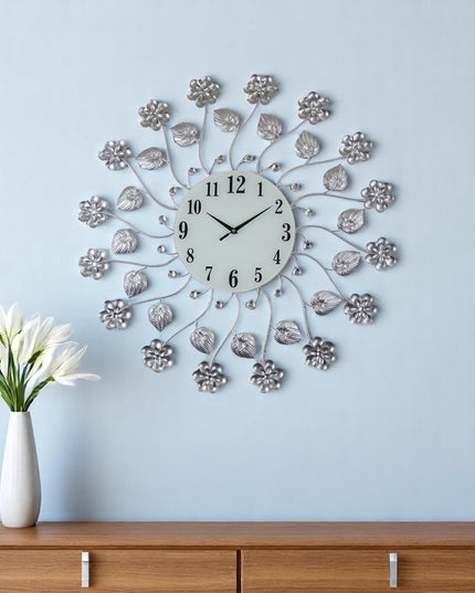 27" Silver White And Black Metal and Glass Silent Analog Floral Round Wall Clock