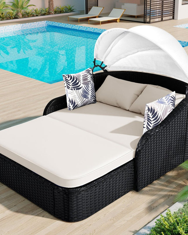 48" Black Rattan and Cushions Patio Daybed with Toss Pillows