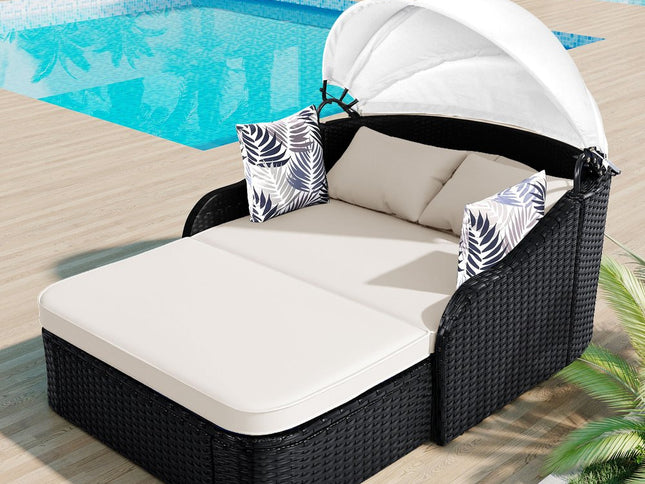 48" Black Rattan and Cushions Patio Daybed with Toss Pillows