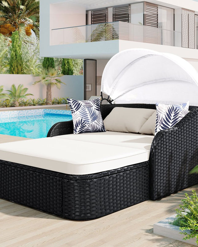 48" Black Rattan and Cushions Patio Daybed with Toss Pillows