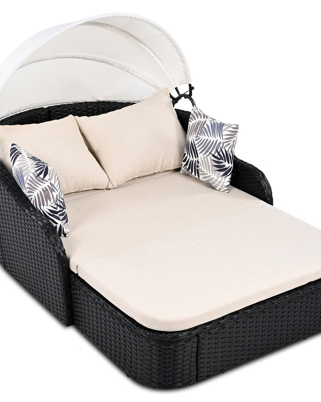 48" Black Rattan and Cushions Patio Daybed with Toss Pillows