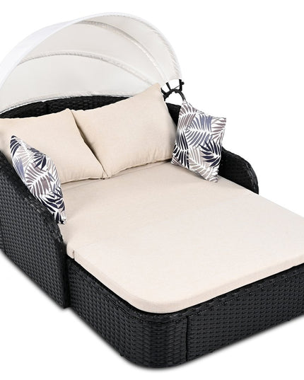 48" Black Rattan and Cushions Patio Daybed with Toss Pillows