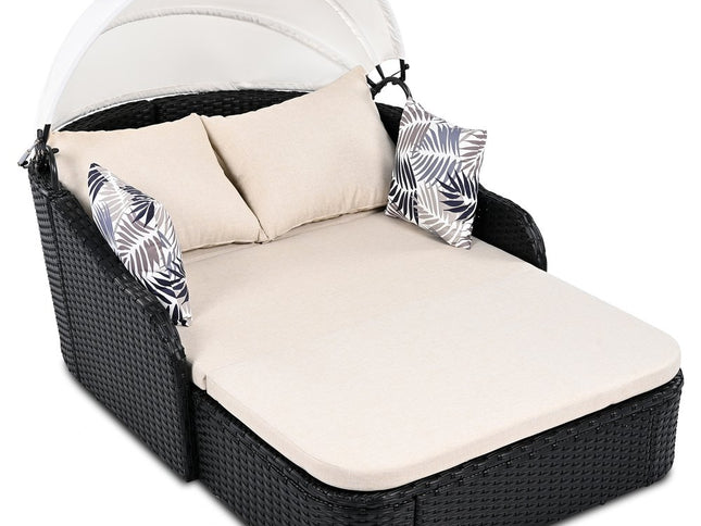 48" Black Rattan and Cushions Patio Daybed with Toss Pillows