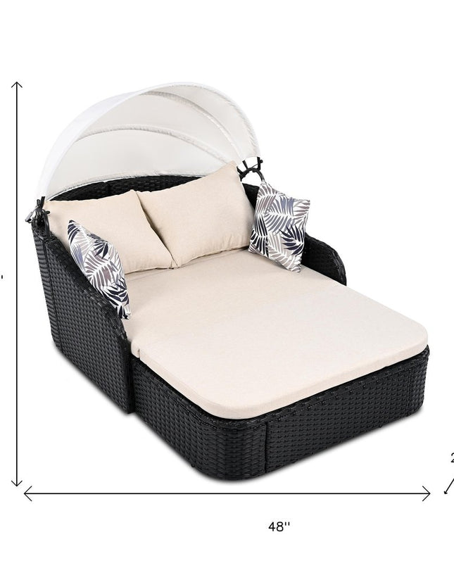 48" Black Rattan and Cushions Patio Daybed with Toss Pillows