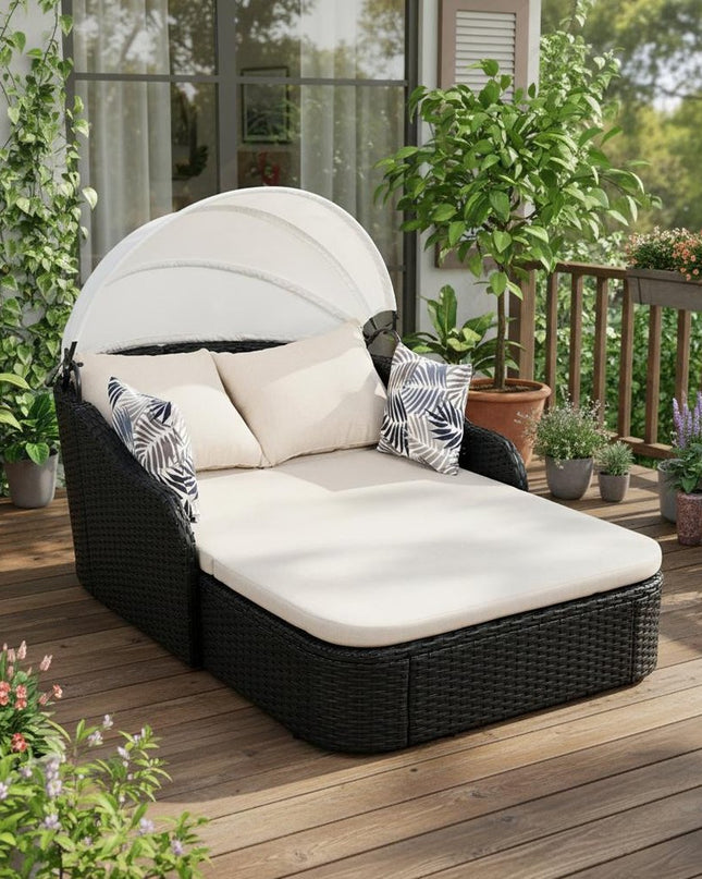 48" Black Rattan and Cushions Patio Daybed with Toss Pillows