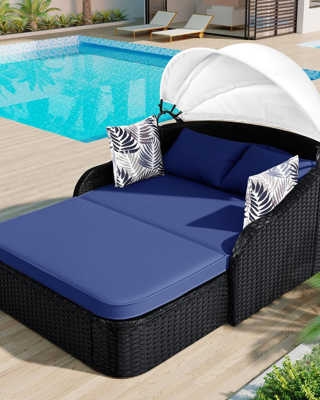 48" Blue Rattan and Cushions Patio Daybed with Toss Pillows