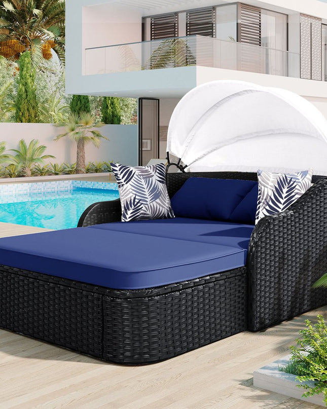 48" Blue Rattan and Cushions Patio Daybed with Toss Pillows