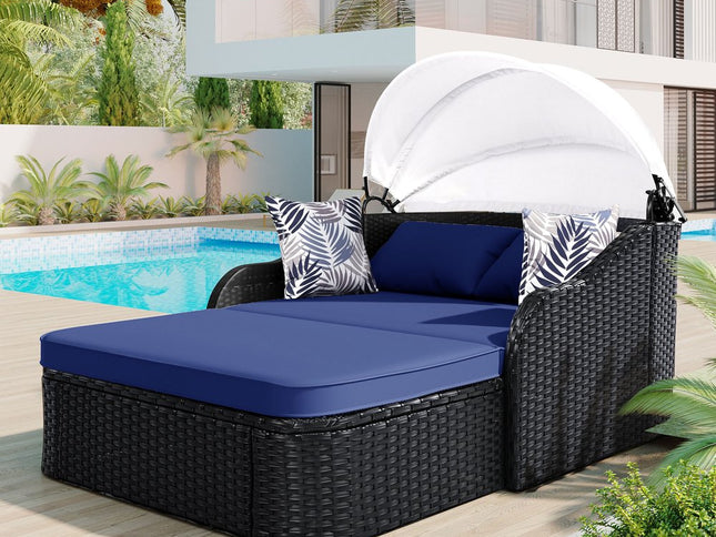48" Blue Rattan and Cushions Patio Daybed with Toss Pillows
