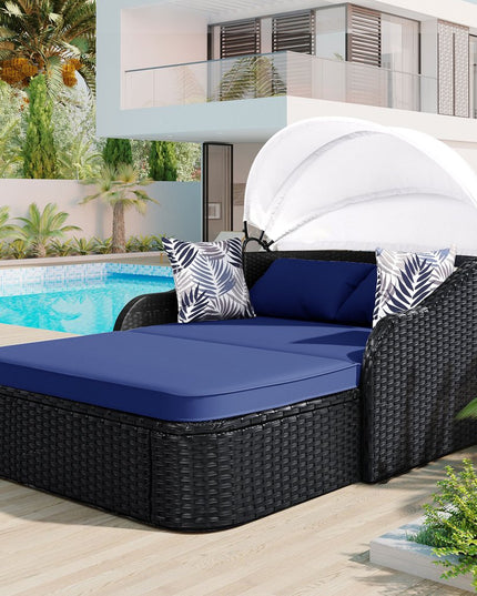 48" Blue Rattan and Cushions Patio Daybed with Toss Pillows