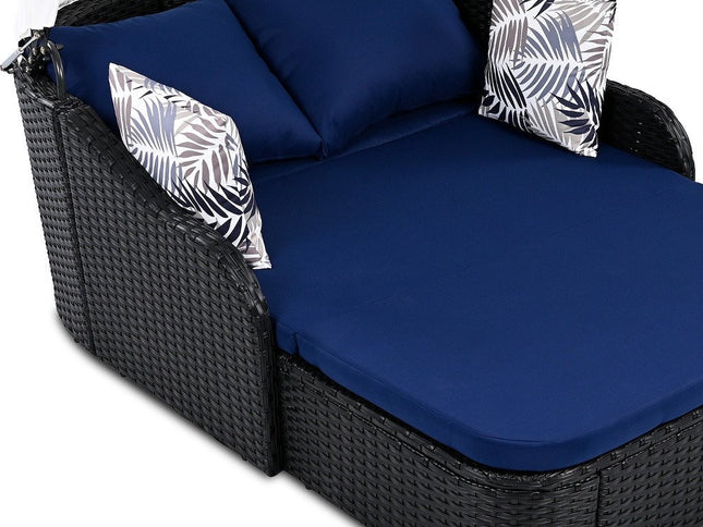 48" Blue Rattan and Cushions Patio Daybed with Toss Pillows