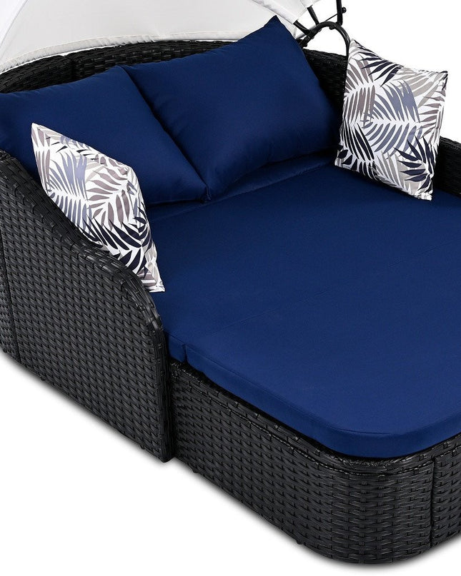 48" Blue Rattan and Cushions Patio Daybed with Toss Pillows
