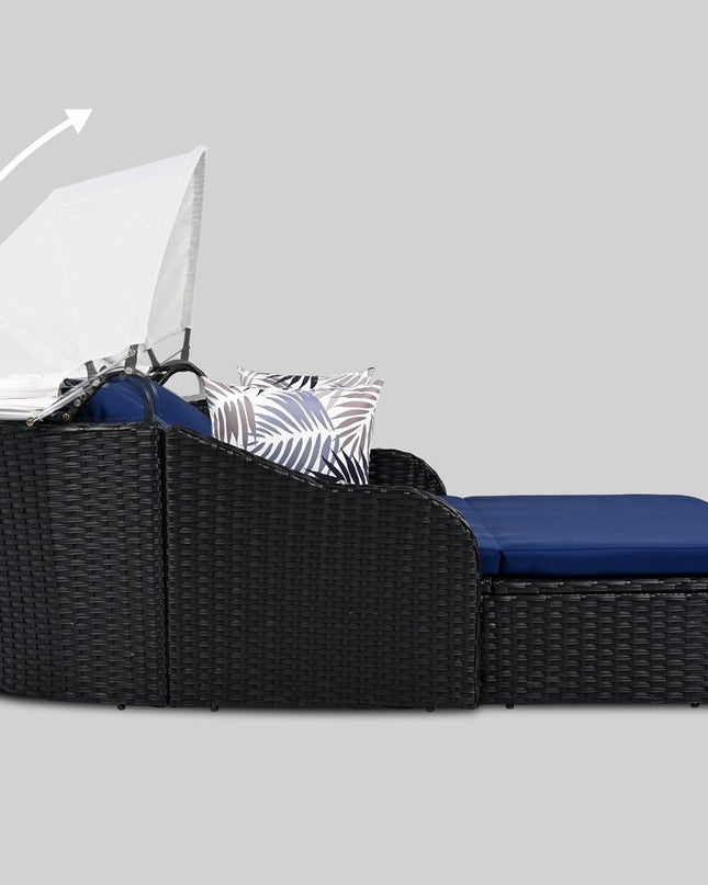 48" Blue Rattan and Cushions Patio Daybed with Toss Pillows