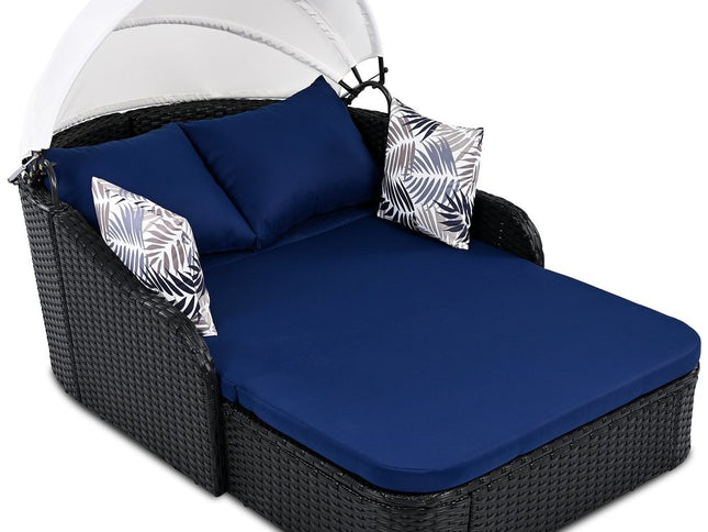 48" Blue Rattan and Cushions Patio Daybed with Toss Pillows