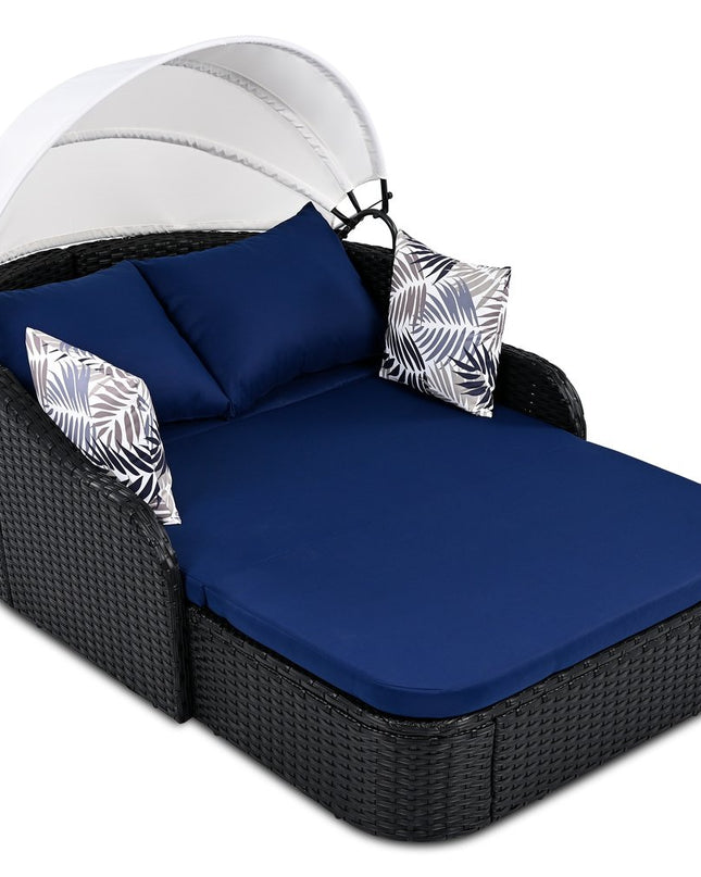 48" Blue Rattan and Cushions Patio Daybed with Toss Pillows