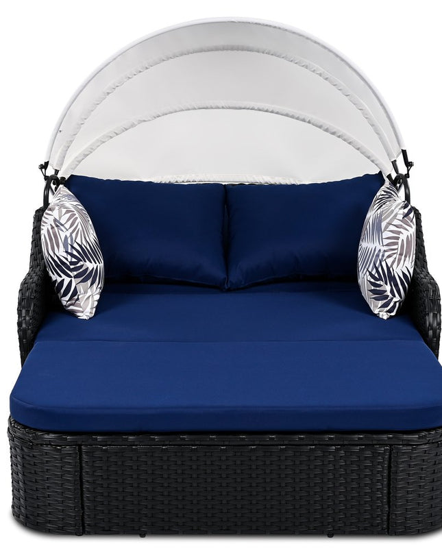 48" Blue Rattan and Cushions Patio Daybed with Toss Pillows