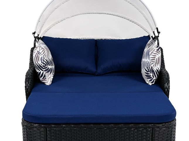 48" Blue Rattan and Cushions Patio Daybed with Toss Pillows