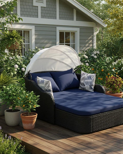 48" Blue Rattan and Cushions Patio Daybed with Toss Pillows
