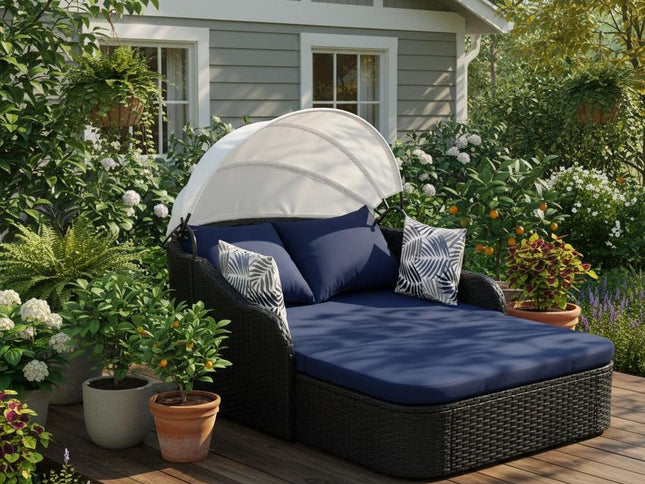 48" Blue Rattan and Cushions Patio Daybed with Toss Pillows