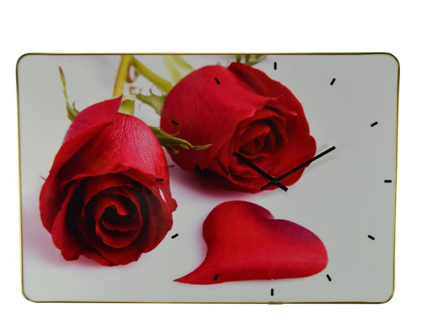 24" Red White And Gold Solid Wood and Acrylic Silent Roses Floral Wall Clock