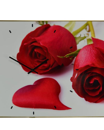 24" Red White And Gold Solid Wood and Acrylic Silent Roses Floral Wall Clock