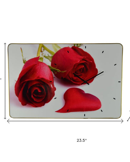 24" Red White And Gold Solid Wood and Acrylic Silent Roses Floral Wall Clock