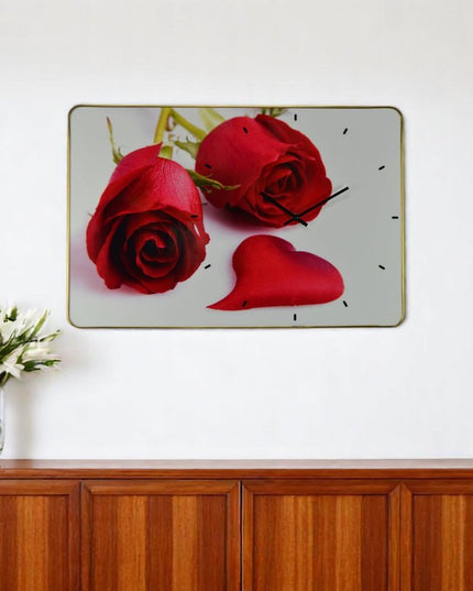 24" Red White And Gold Solid Wood and Acrylic Silent Roses Floral Wall Clock