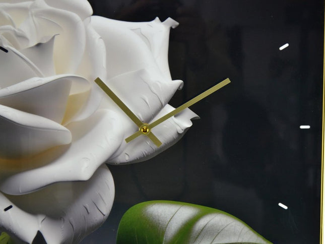 24" White Black And Green Solid Wood and Acrylic Silent Roses Floral Wall Clock