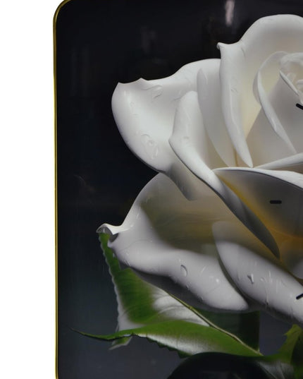 24" White Black And Green Solid Wood and Acrylic Silent Roses Floral Wall Clock