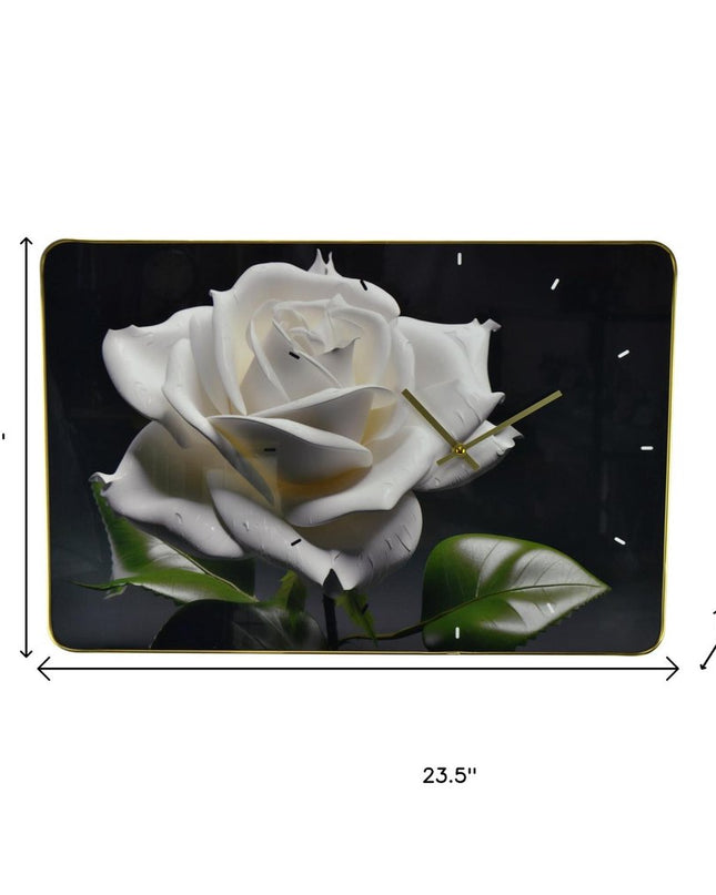24" White Black And Green Solid Wood and Acrylic Silent Roses Floral Wall Clock