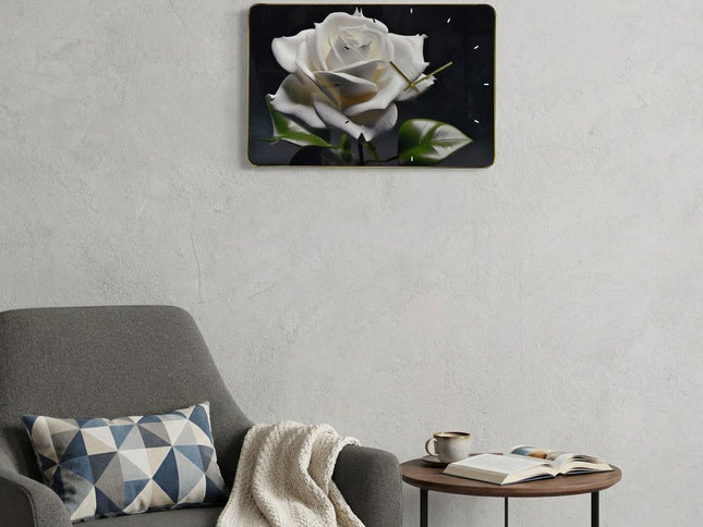 24" White Black And Green Solid Wood and Acrylic Silent Roses Floral Wall Clock