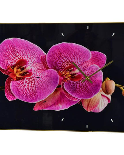24" Pink Black And Gold Solid Wood and Acrylic Silent Orchids Floral Wall Clock